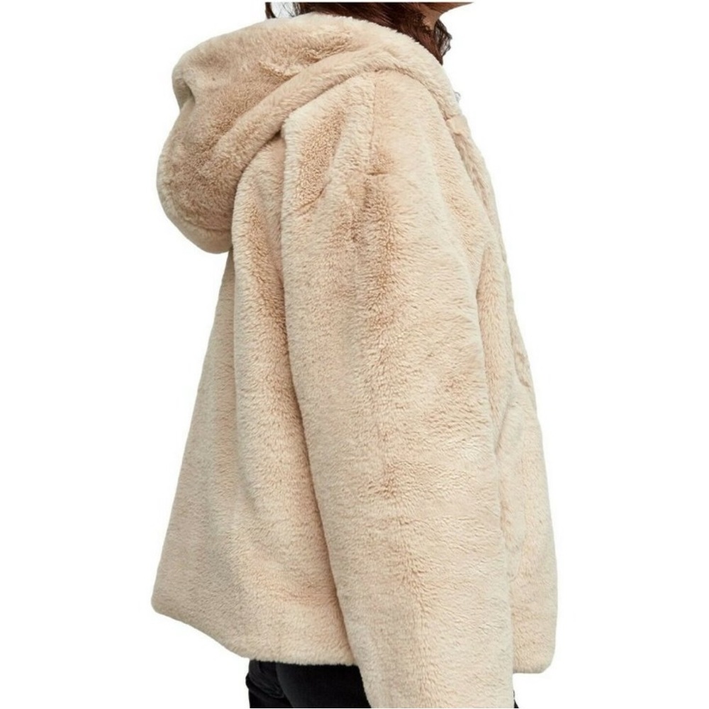 LIKE NEW ZARA Faux Fur Teddy Jacket Coat Hooded Beige Tan Brown Soft Cozy Bomber - Picture 4 of 9